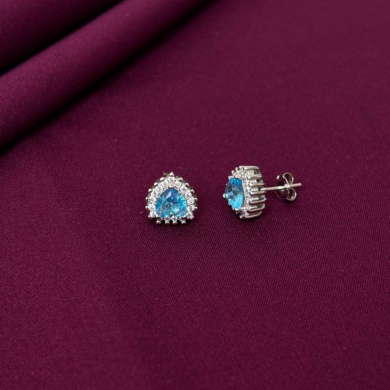 Triangle Blue Gemstone Halo Stud Earrings in 925 Sterling Silver