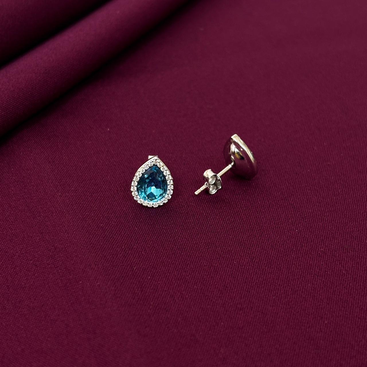 Teardrop Blue Gemstone Halo Stud Earrings in 925 Sterling Silver