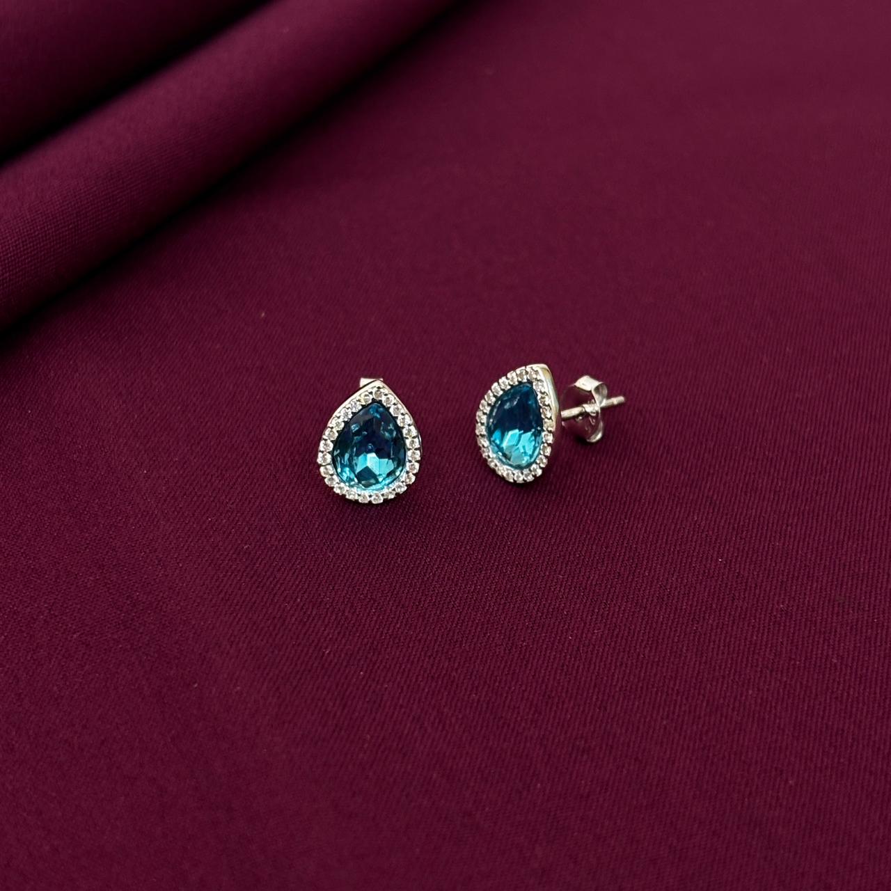Teardrop Blue Gemstone Halo Stud Earrings in 925 Sterling Silver