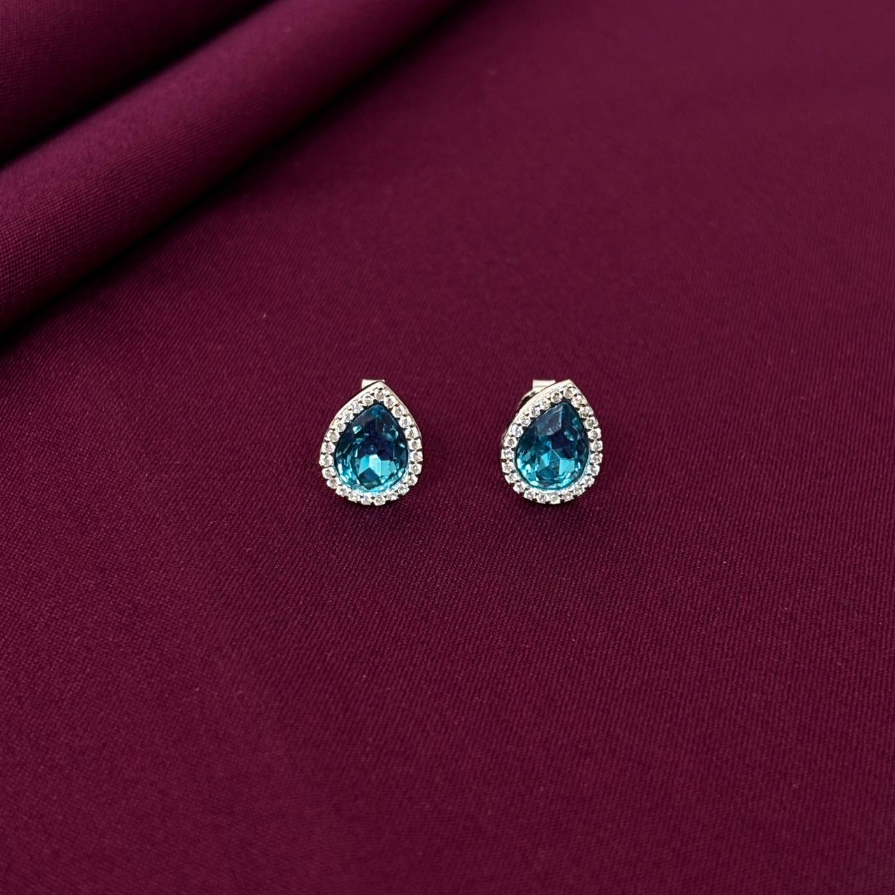 Teardrop Blue Gemstone Halo Stud Earrings in 925 Sterling Silver