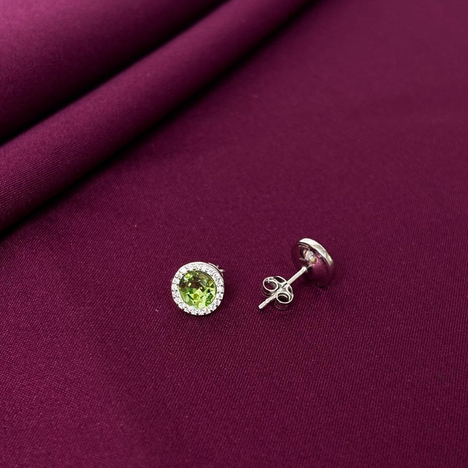 Green Gemstone Halo Stud Earrings in 925 Sterling Silver