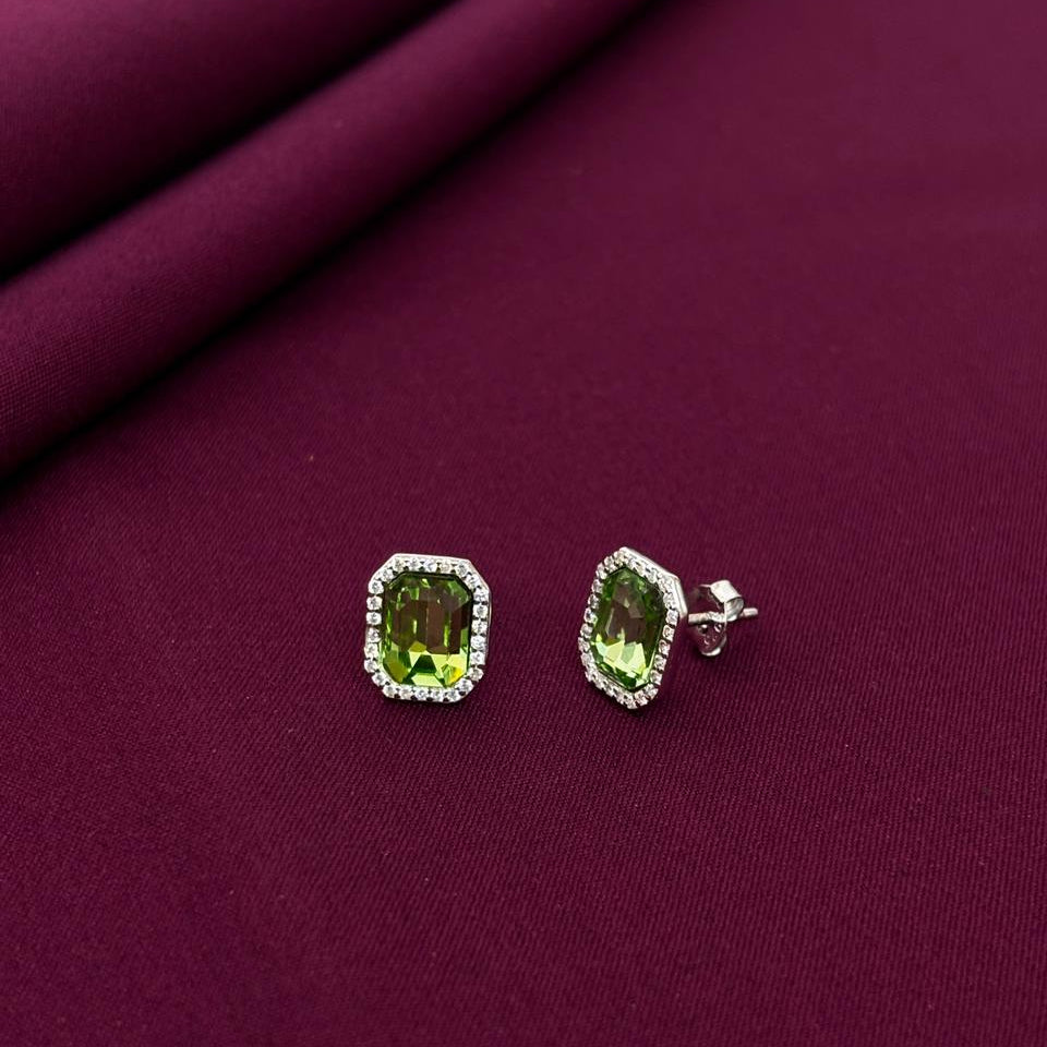 Emerald Green Octagon Halo Stud Earrings in 925 Sterling Silver