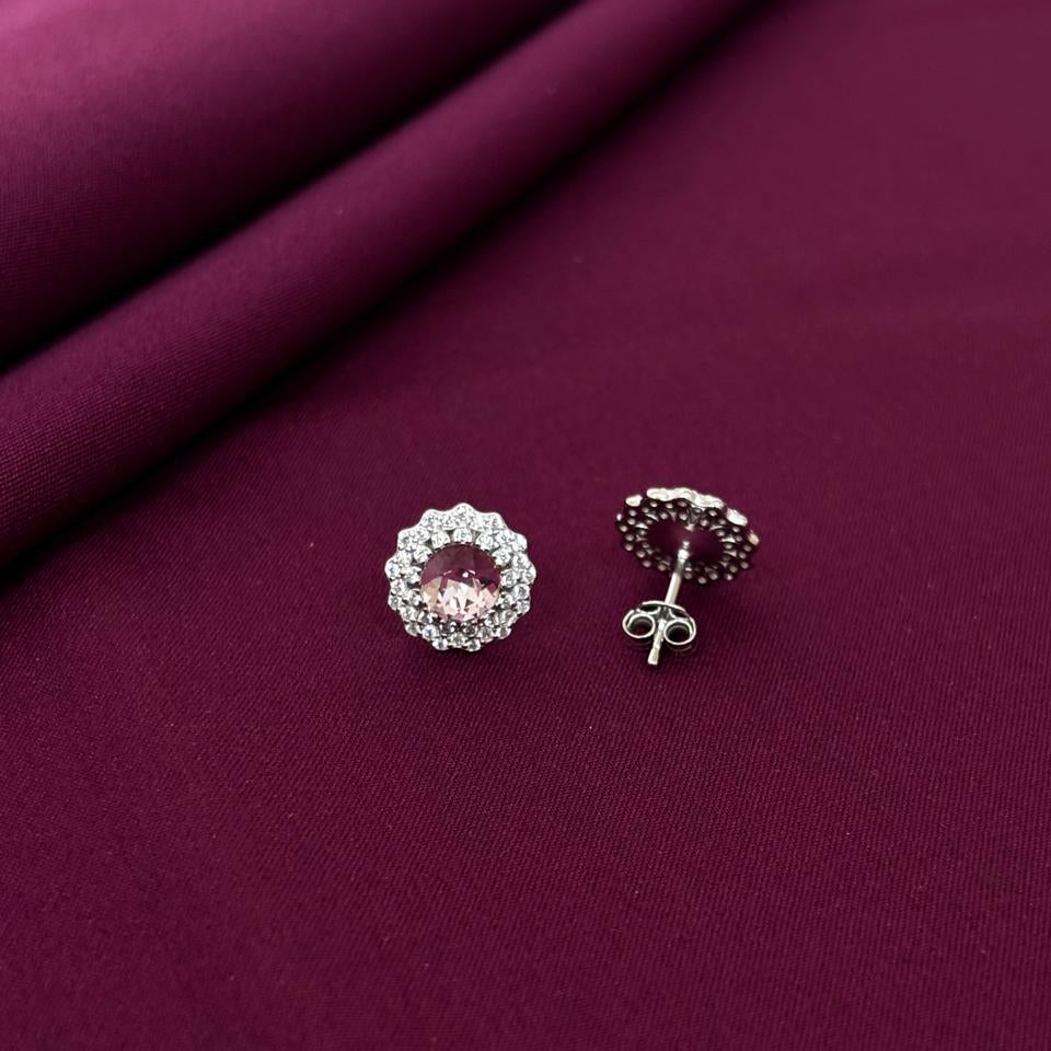 Pink Gemstone Halo Stud Earrings in 925 Sterling Silver