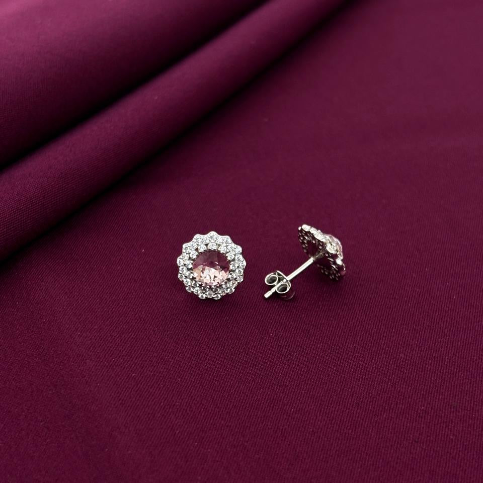 Pink Gemstone Halo Stud Earrings in 925 Sterling Silver