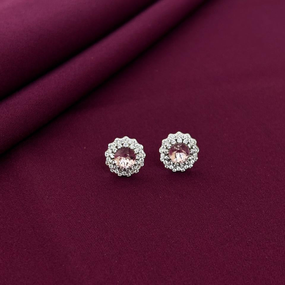 Pink Gemstone Halo Stud Earrings in 925 Sterling Silver