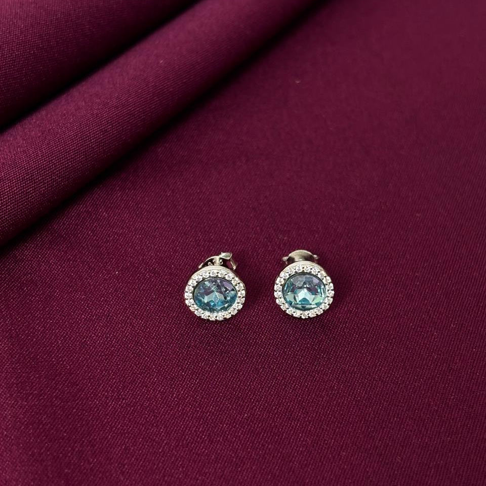 Aqua Blue Gemstone Halo Stud Earrings in 925 Sterling Silver