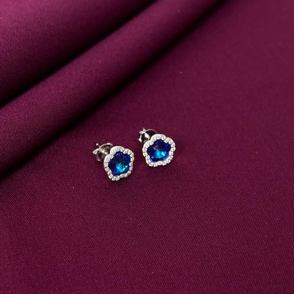 Blue Gemstone Halo Stud Earrings in 925 Sterling Silver