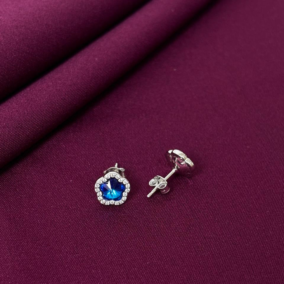 Blue Gemstone Halo Stud Earrings in 925 Sterling Silver