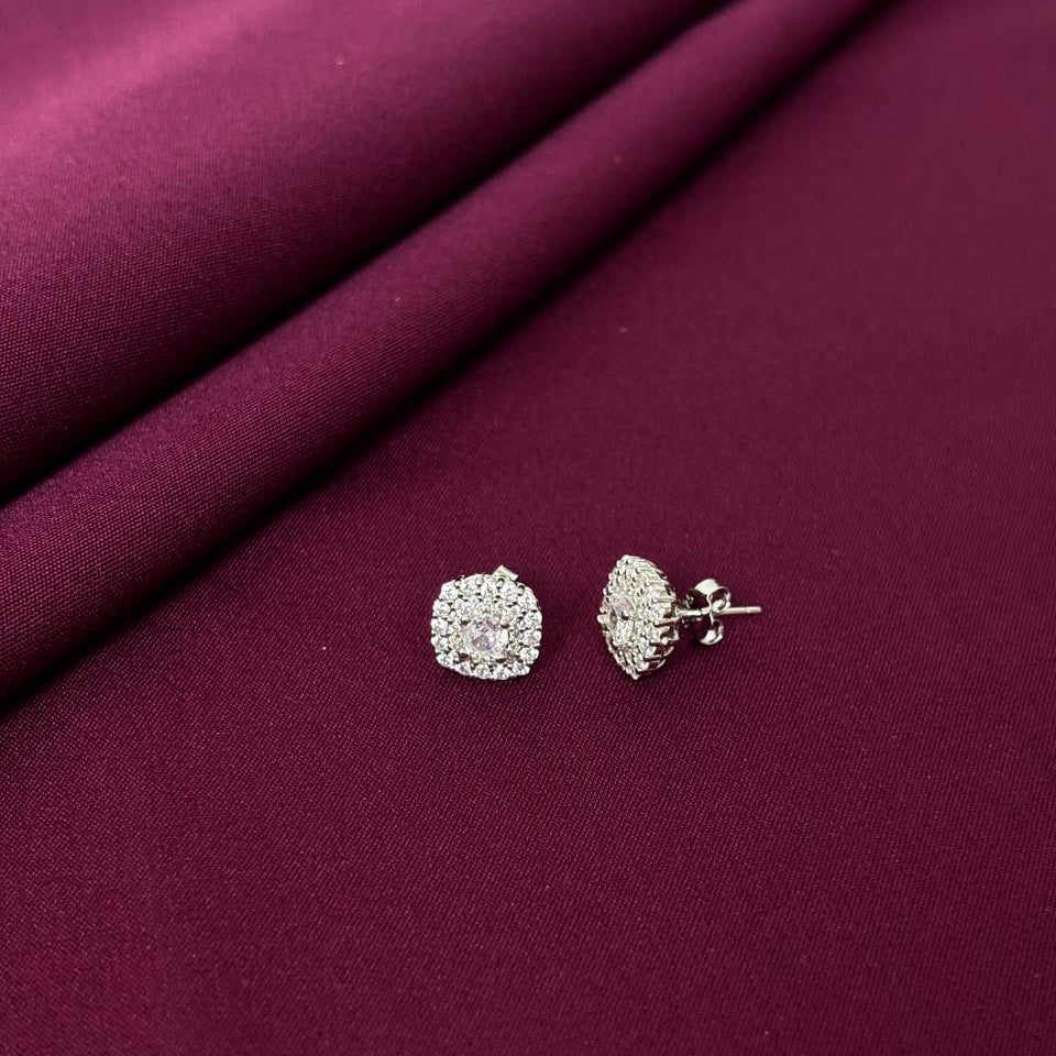 Square Cushion Halo Diamond Style Stud Earrings in 925 Sterling Silver