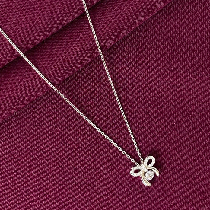 925 Silver Bow Knot Pendant Necklace for Women | Cute Ribbon Bow Solitaire Sterling Silver Jewellery