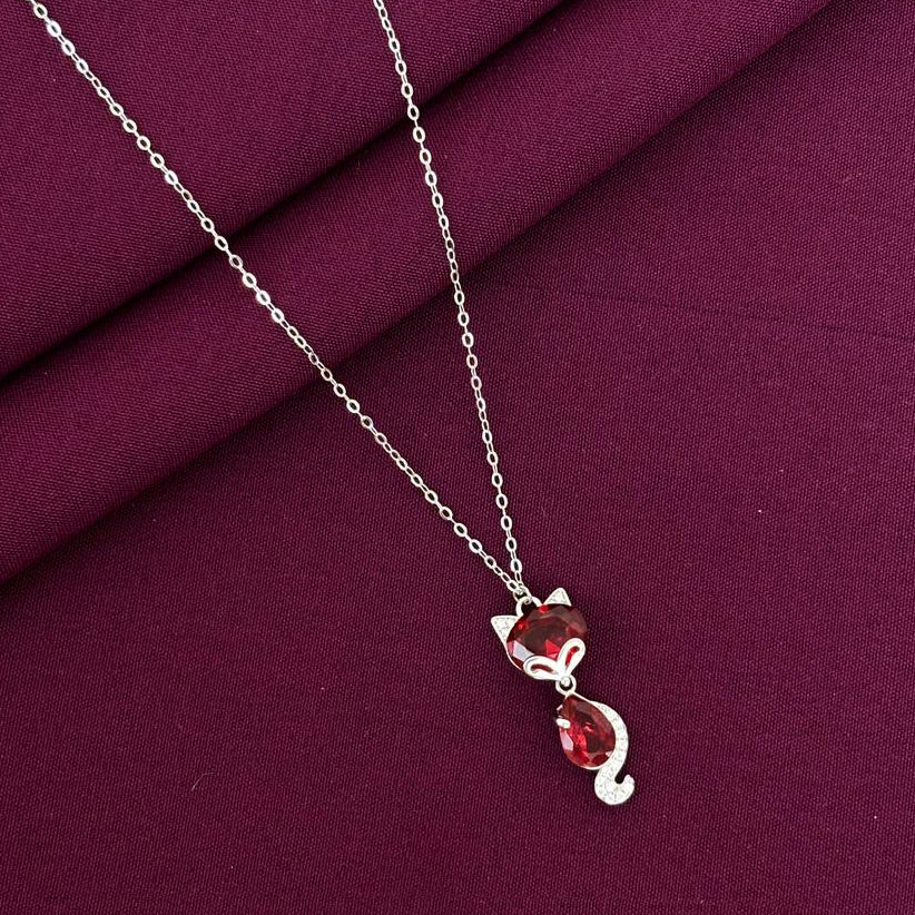925 Silver Cat Pendant Necklace for Women | Cute Red Stone Cat Drop Sterling Silver Jewellery