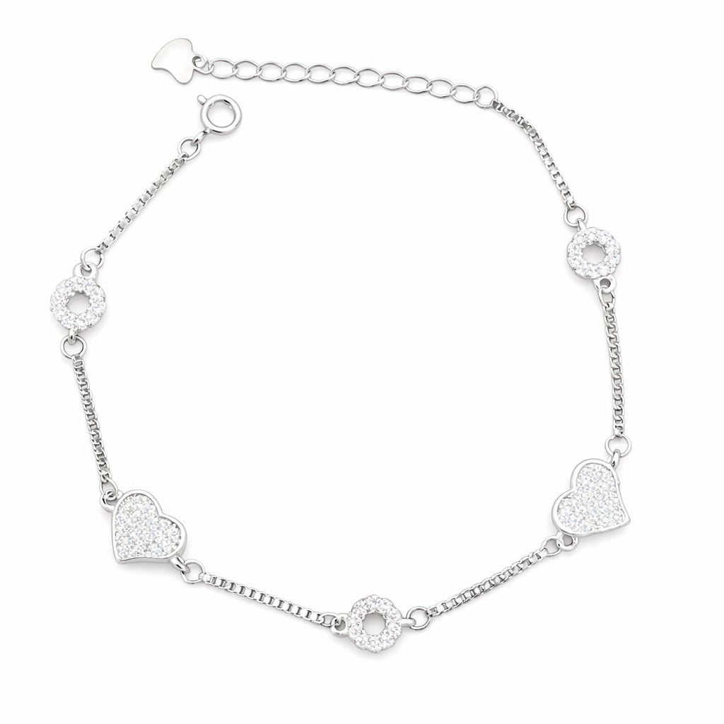 925 Sterling Silver Heart & CZ Link Bracelet for Women