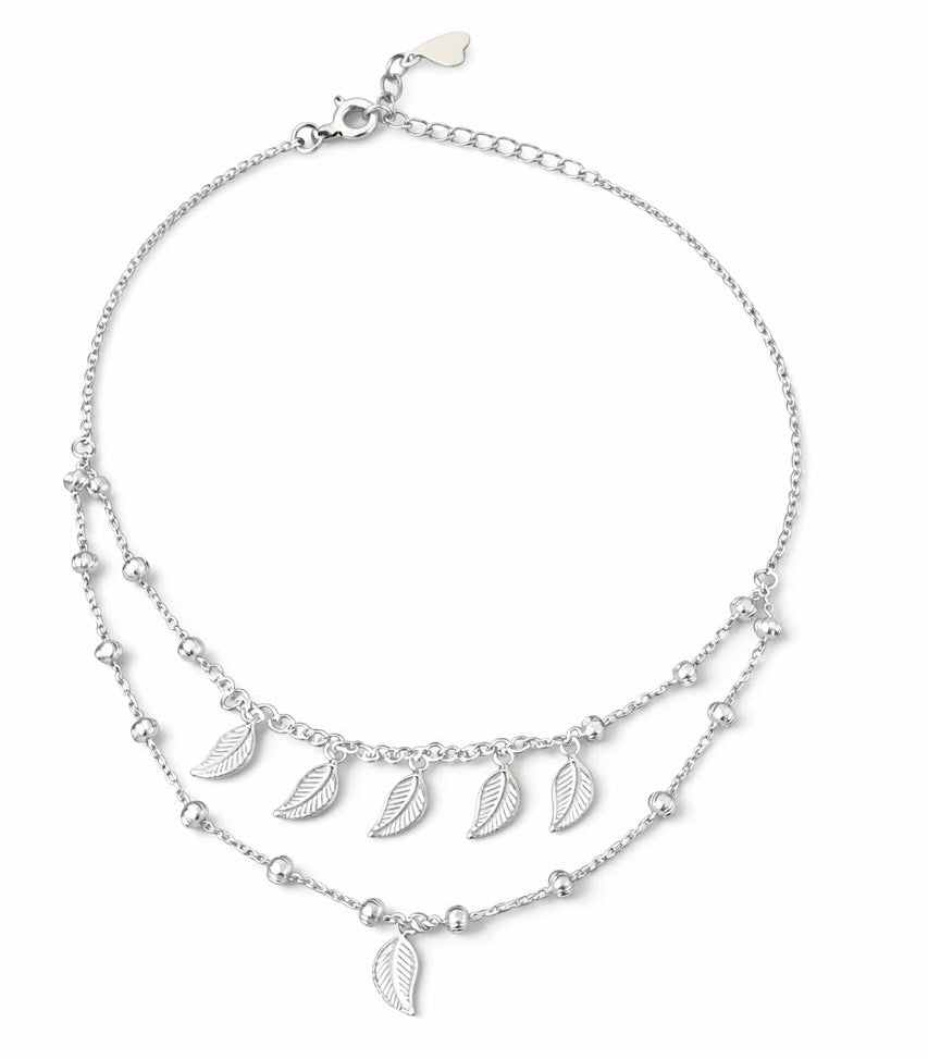 925 Sterling Silver Leaf Charm Layered Anklet for Women
