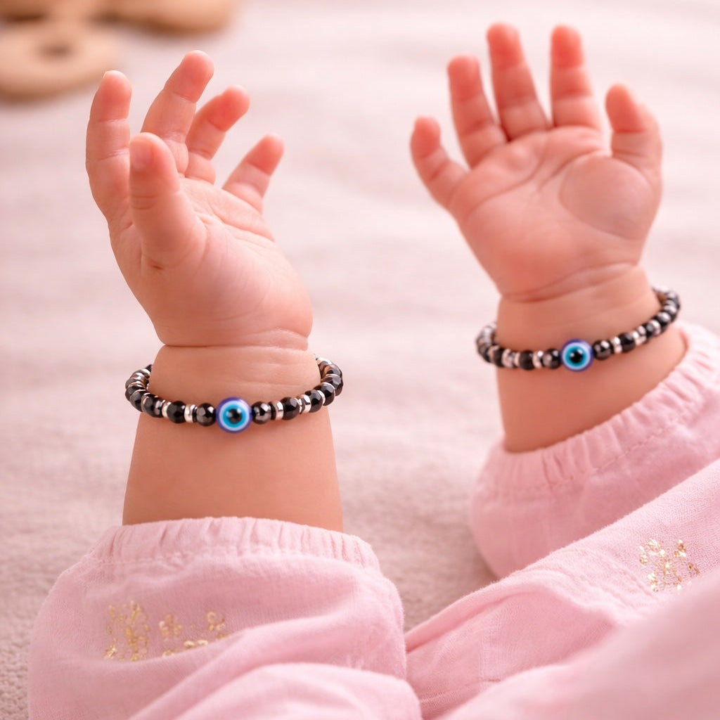 925 Sterling Silver Black Beads Evil Eye Kids Nazariya Bracelet Pair