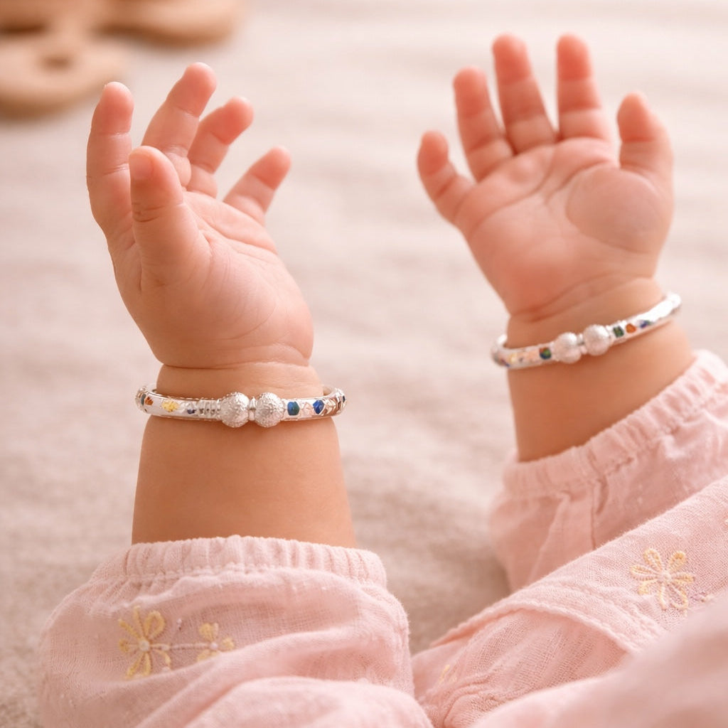 925 Sterling Silver Kids Kada Bangles with Enamel Detailing (Pair)