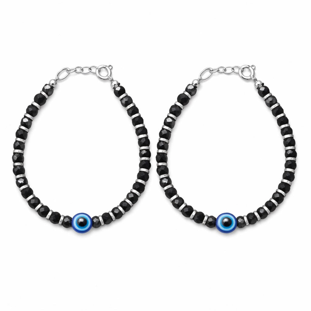 925 Sterling Silver Black Beads Evil Eye Kids Nazariya Bracelet Pair