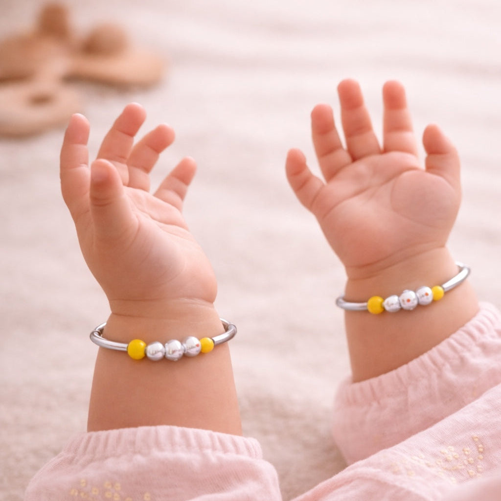925 Sterling Silver Kids Kada Bangles with Yellow Beads – Pair