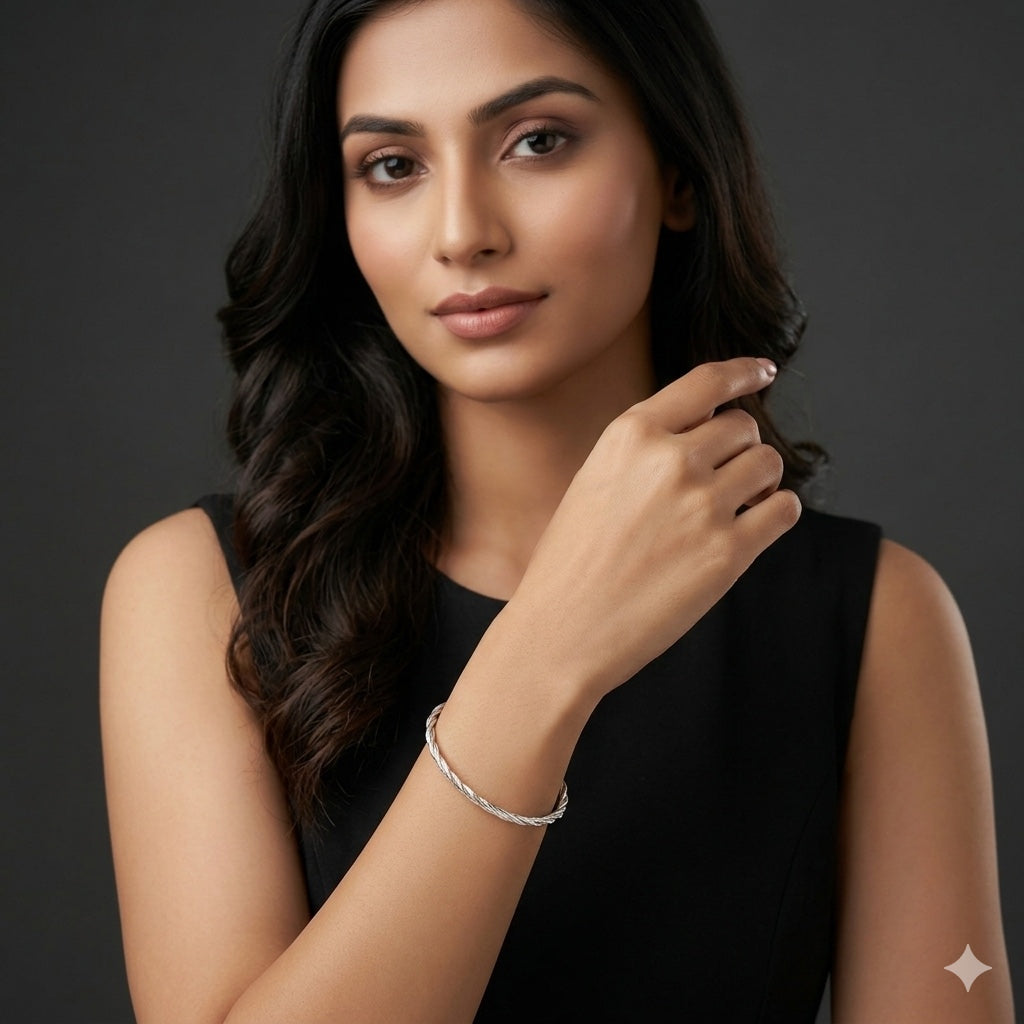 Minimal Twisted Rope Design Women Kada in 925 Silver | Elegant Daily Wear Silver Bracelet