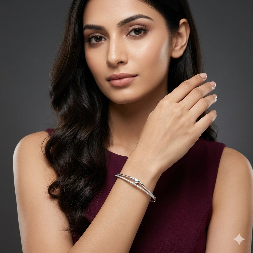 Elegant Heart Design American Diamond Women Kada in 925 Silver | Openable Silver Bracelet for Women