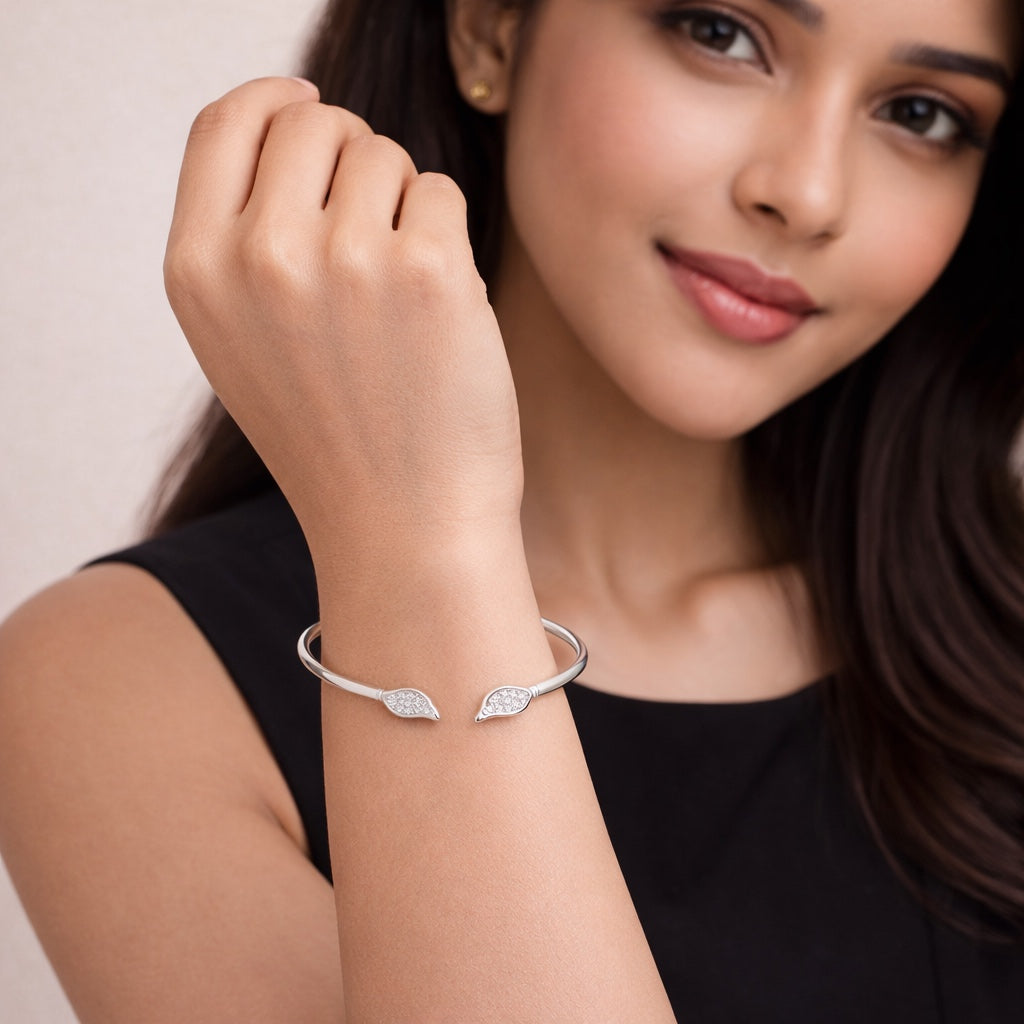 Leaf Design American Diamond Women Kada in 925 Silver | Elegant Openable Bracelet