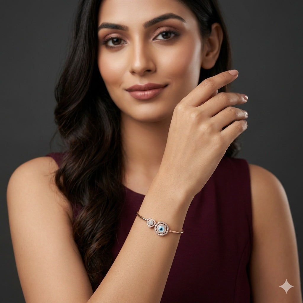 Evil Eye & Heart American Diamond Women Kada in 925 Silver | Gold Tone Designer Bracelet
