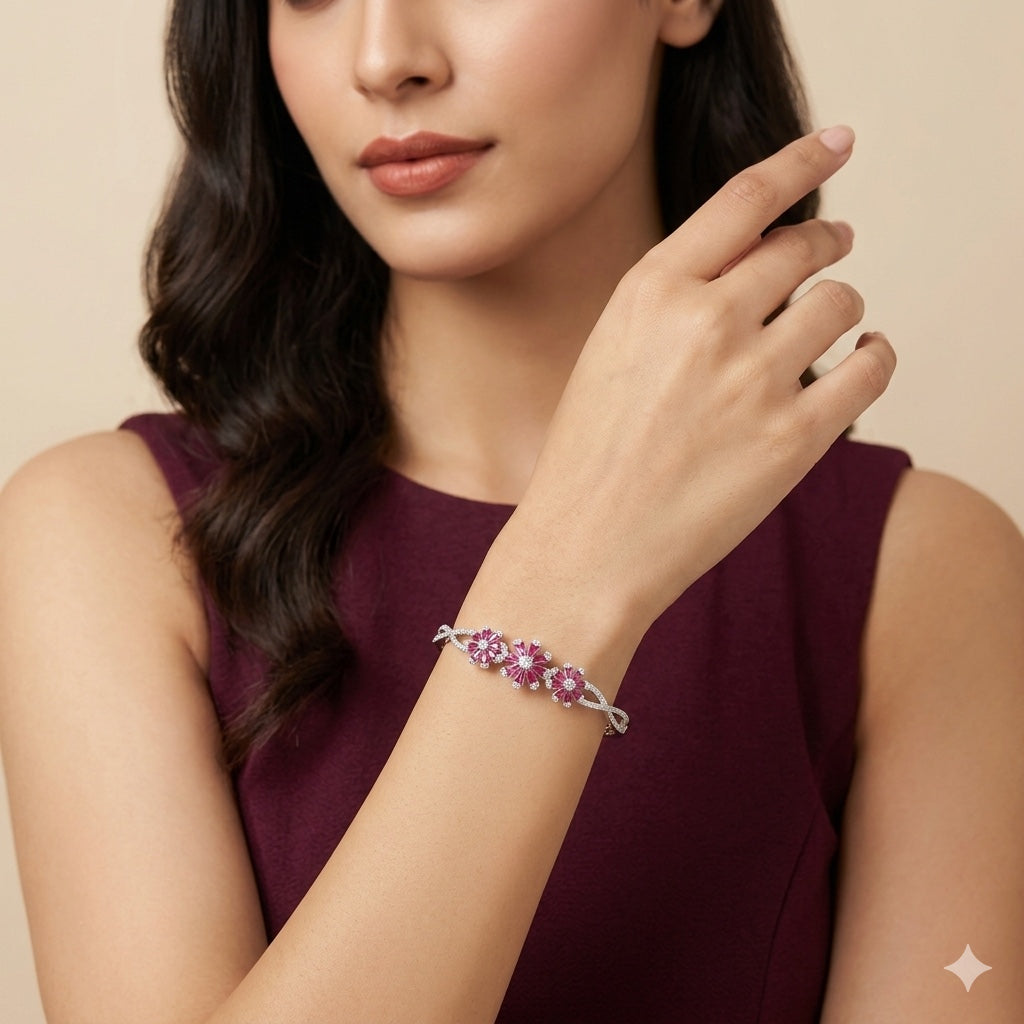 Pink Floral American Diamond Women Kada in 925 Silver | Elegant Designer Bracelet