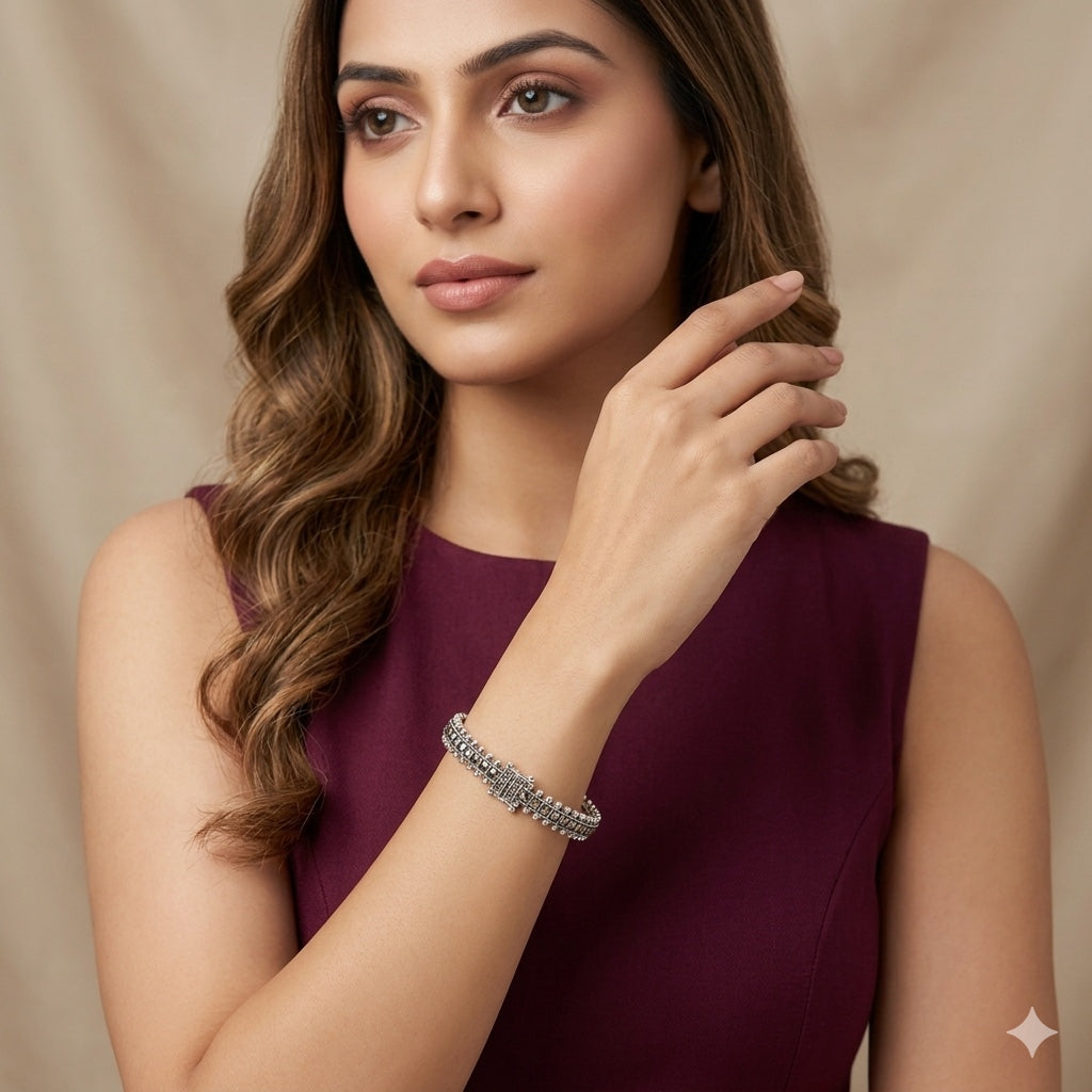 925 Silver Marquise Studded Textured Women Kada in 925 Silver