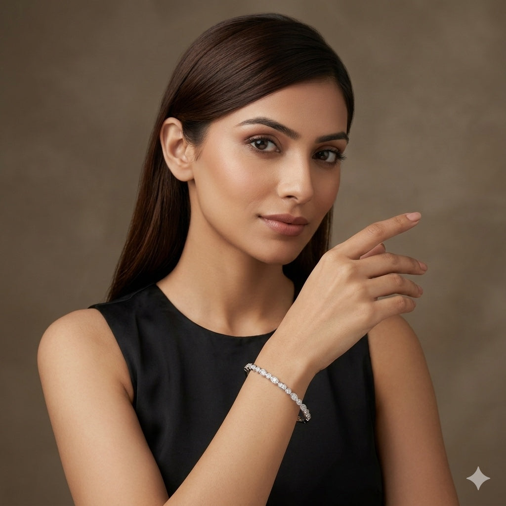 925 Silver Oval Crystal Designer Women Kada Bracelet
