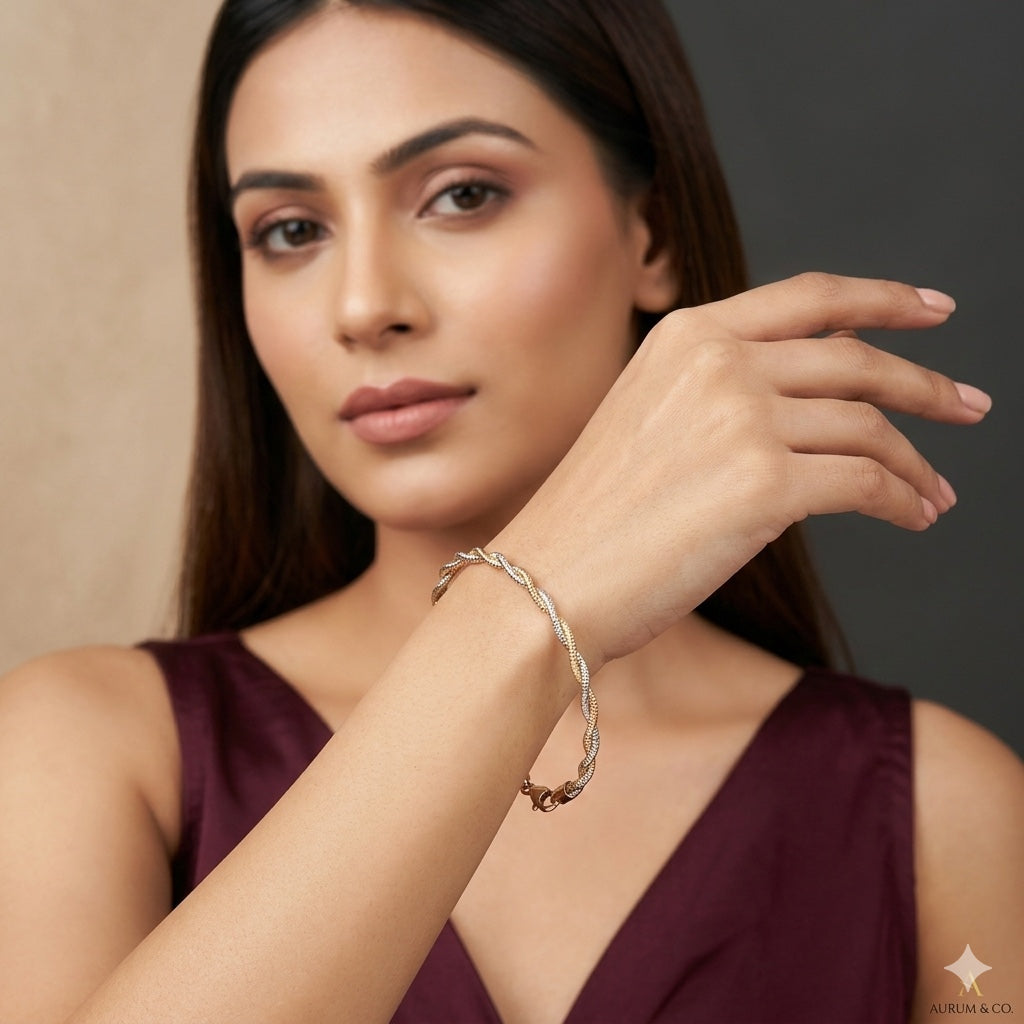 Two Tone Twisted Rope Women Kada in 925 Silver | Gold & Silver Finish Elegant Bracelet