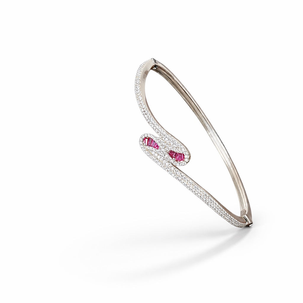 Pink Stone Crossover American Diamond Women Kada in 925 Silver | Designer Statement Bracelet