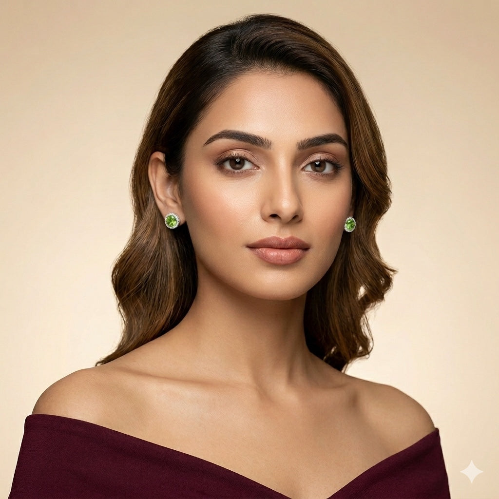 Green Gemstone Halo Stud Earrings in 925 Sterling Silver