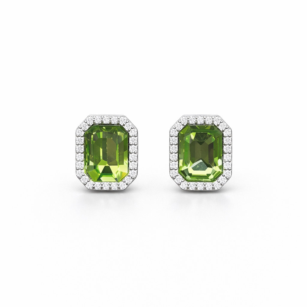 Emerald Green Octagon Halo Stud Earrings in 925 Sterling Silver