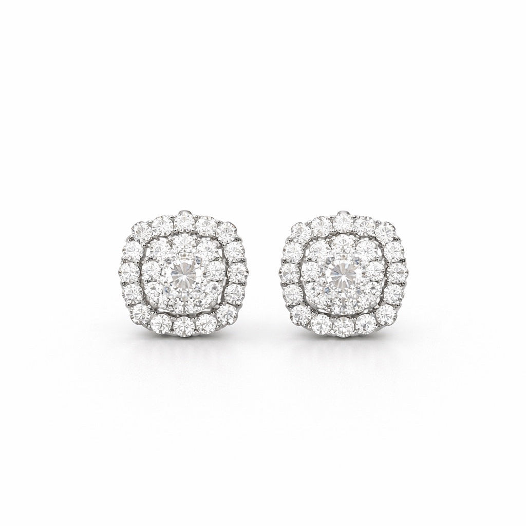 Square Cushion Halo Diamond Style Stud Earrings in 925 Sterling Silver