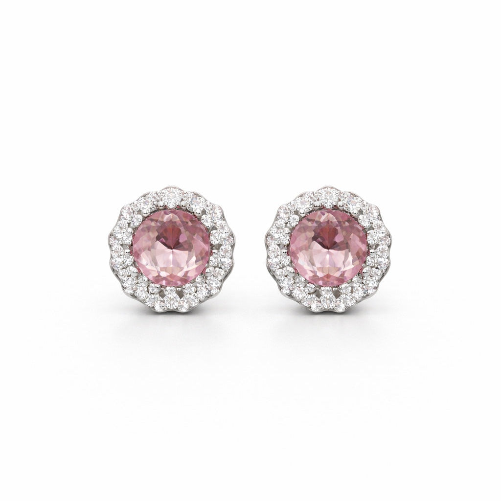 Pink Gemstone Halo Stud Earrings in 925 Sterling Silver