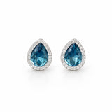 Teardrop Blue Gemstone Halo Stud Earrings in 925 Sterling Silver
