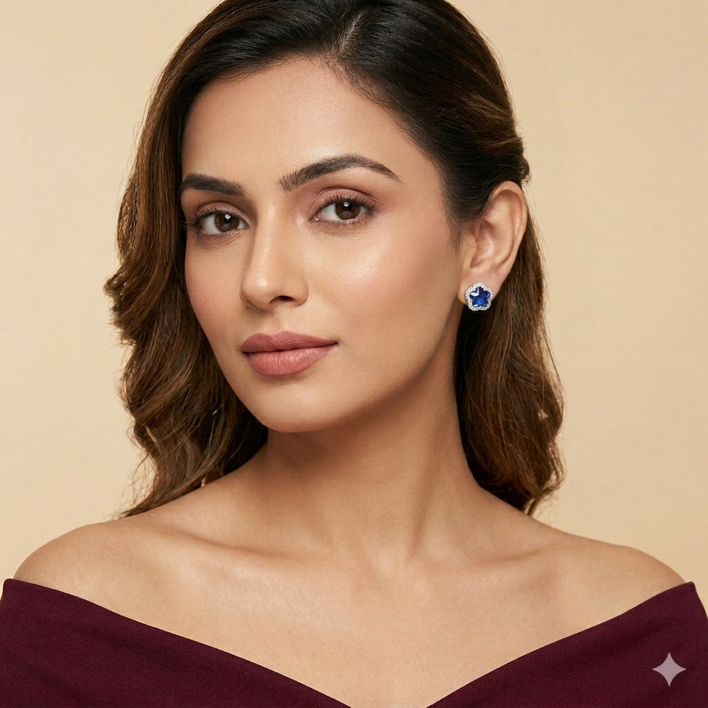 Blue Gemstone Halo Stud Earrings in 925 Sterling Silver