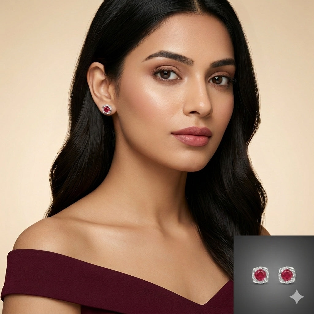 Pink Gemstone Halo Stud Earrings in 925 Sterling Silver