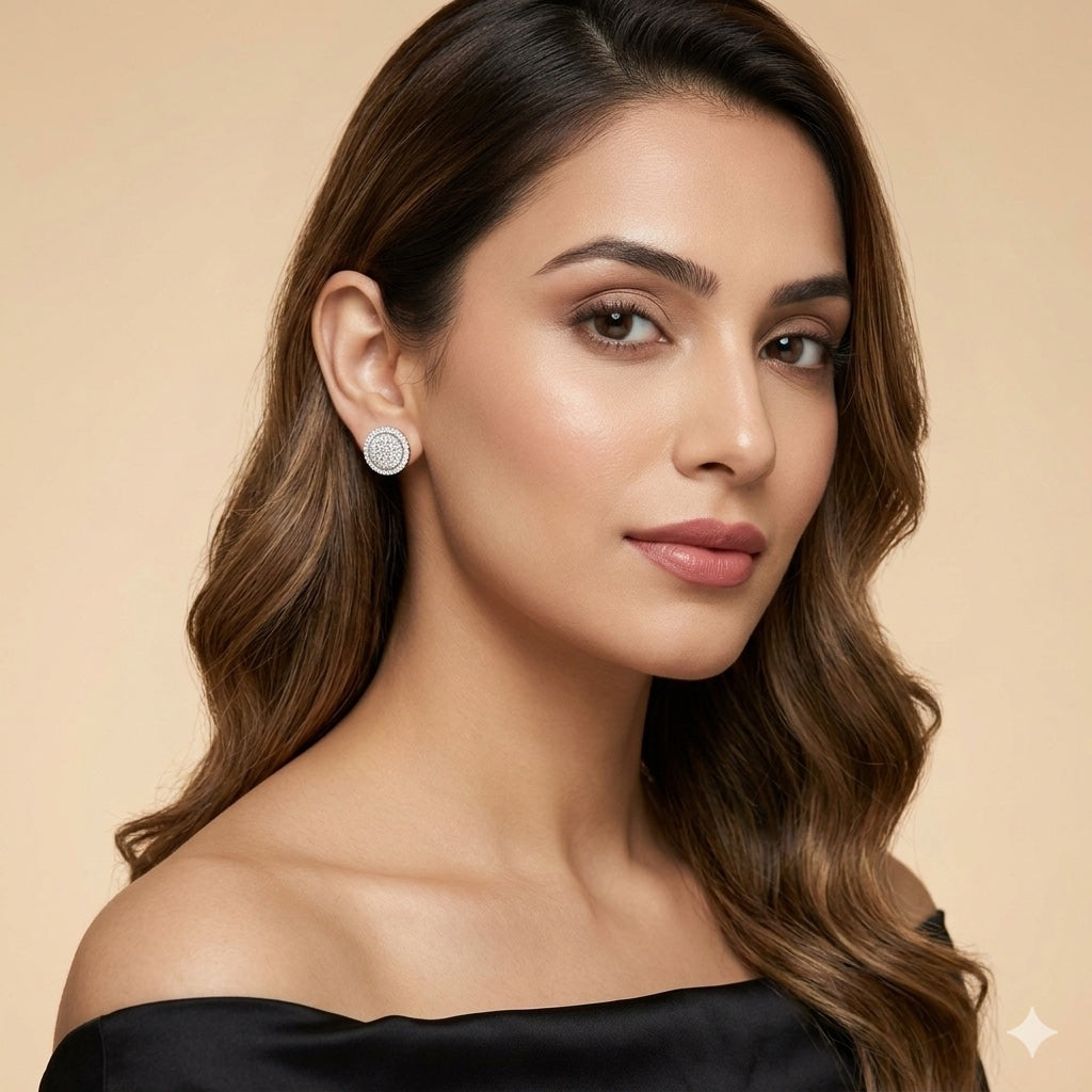 Round Pavé Diamond Style Stud Earrings in 925 Sterling Silver