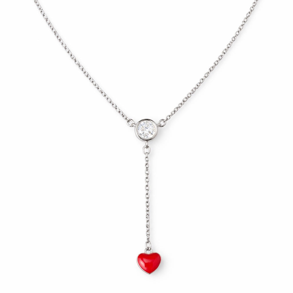 925 Silver Solitaire Heart Drop Necklace for Women | Minimal Red Heart Charm Pendant