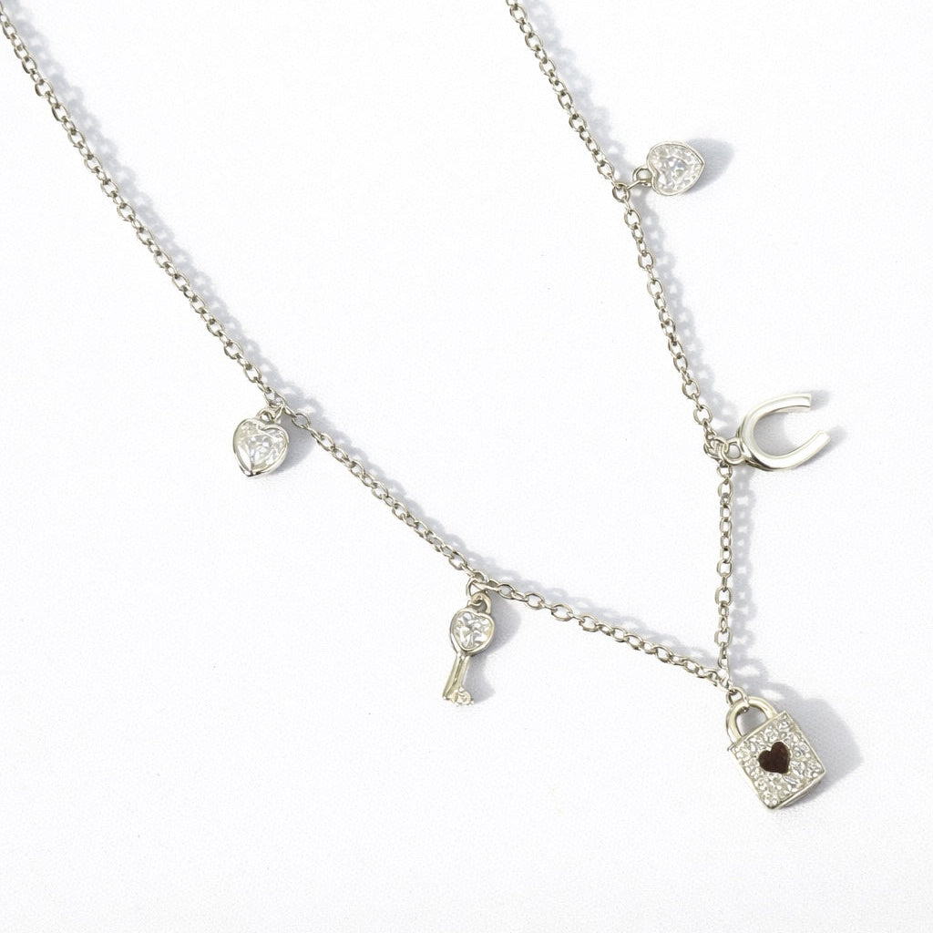 925 Silver Love Charm Necklace for Women | Lock Key Heart Lucky Charm Sterling Silver Jewellery