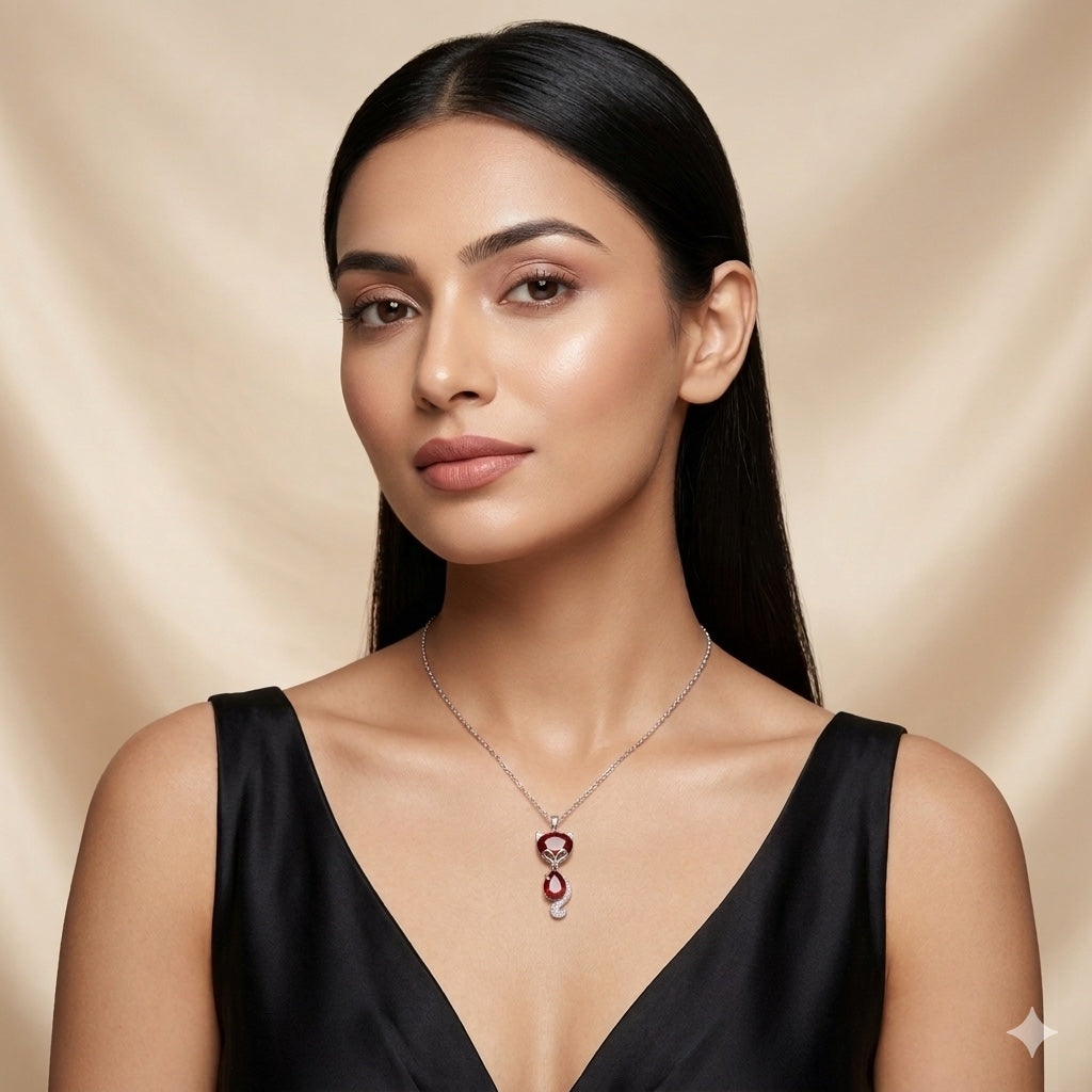 925 Silver Cat Pendant Necklace for Women | Cute Red Stone Cat Drop Sterling Silver Jewellery
