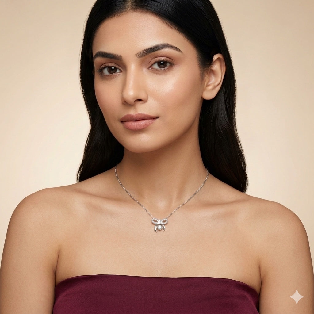 925 Silver Bow Knot Pendant Necklace for Women | Cute Ribbon Bow Solitaire Sterling Silver Jewellery
