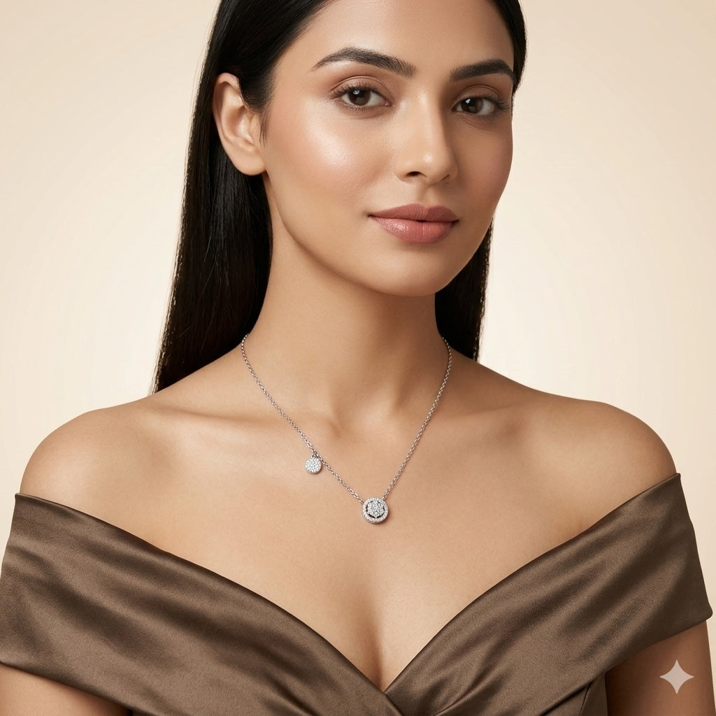 925 Sterling Silver Double Round CZ Pendant Necklace Rhodium Plated for Women