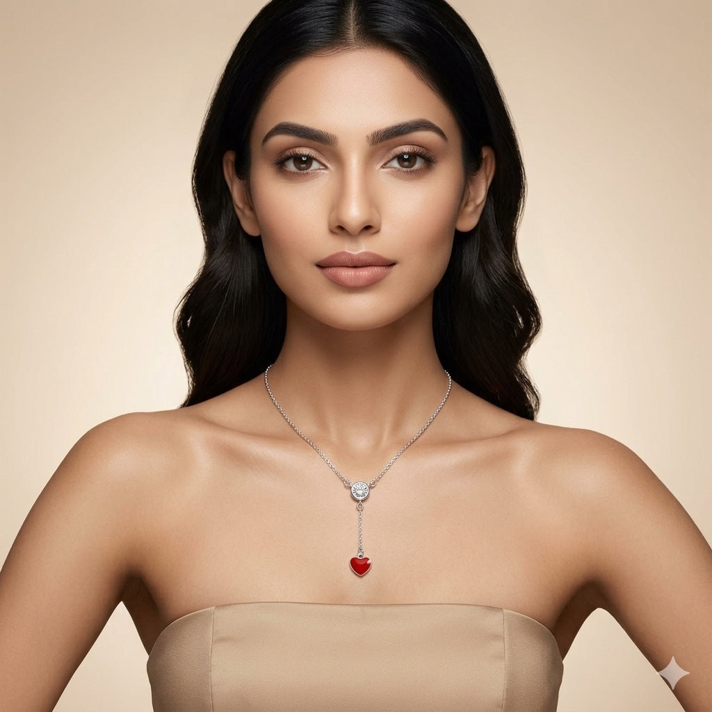 925 Silver Solitaire Heart Drop Necklace for Women | Minimal Red Heart Charm Pendant