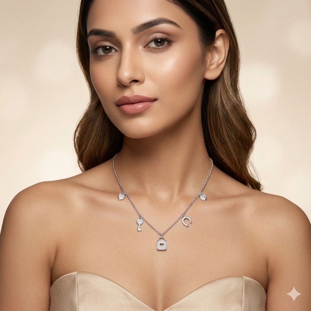 925 Silver Love Charm Necklace for Women | Lock Key Heart Lucky Charm Sterling Silver Jewellery