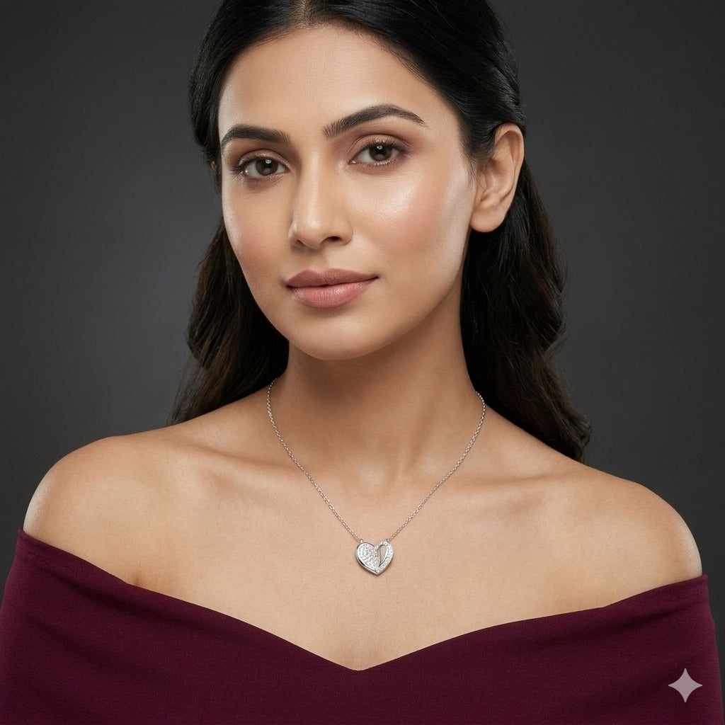 925 Sterling Silver CZ Studded Heart Pendant Necklace for Women