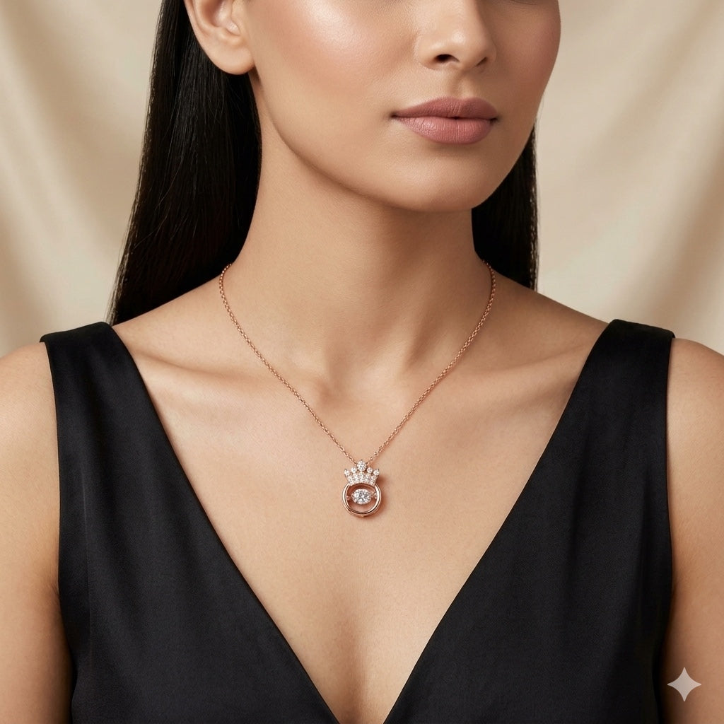 925 Silver Rosegold Plated Crown Pendant Necklace for Women | Queen Crown Stone Necklace