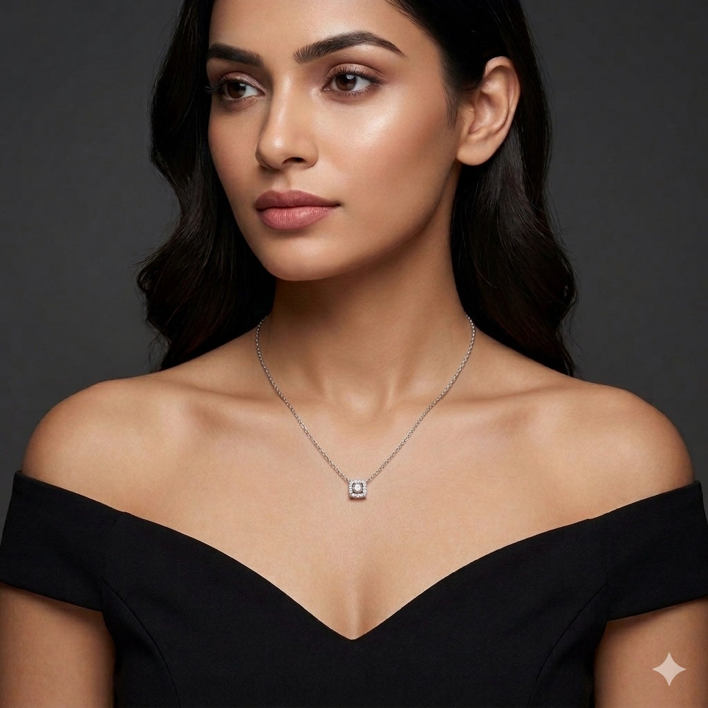 925 Silver Geometric Square Pendant Necklace for Women | Minimal Floating Stone Sterling Silver Jewellery