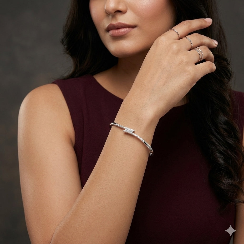 Sterling Silver Sparkle Star CZ Designer Bracelet Kada for Women
