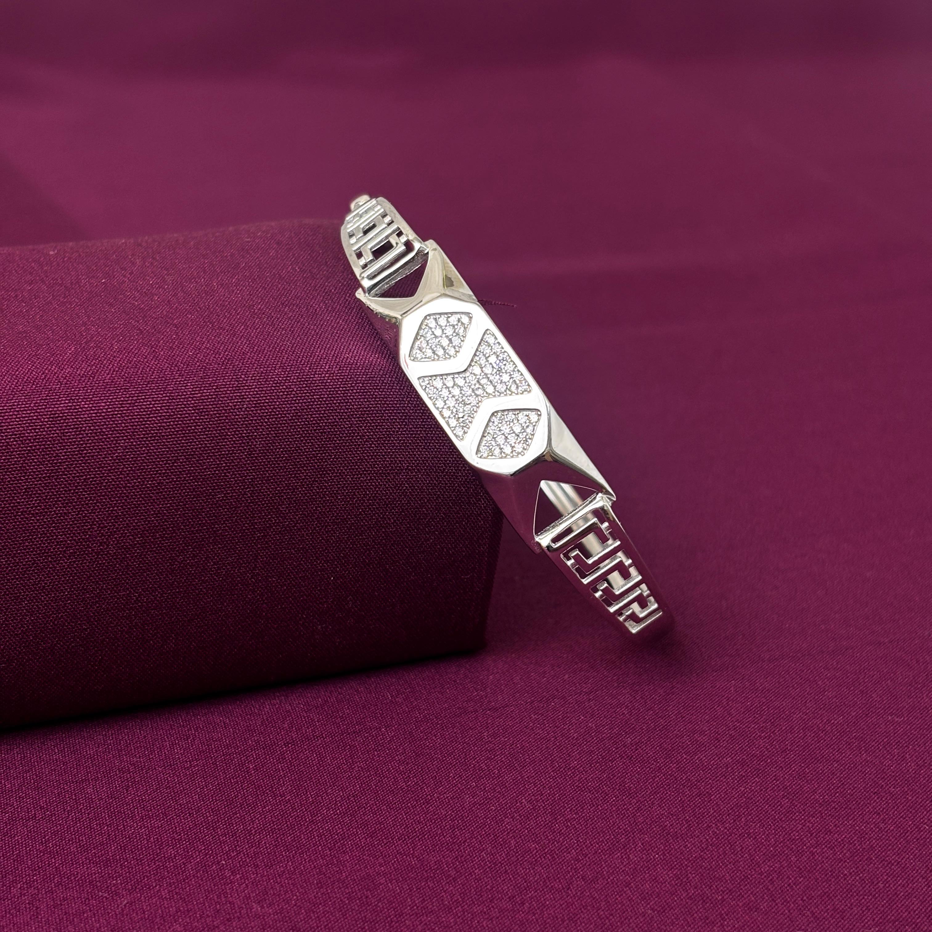 925 Sterling Silver CZ Designer Kada for Men | Geometric Pattern Bracelet